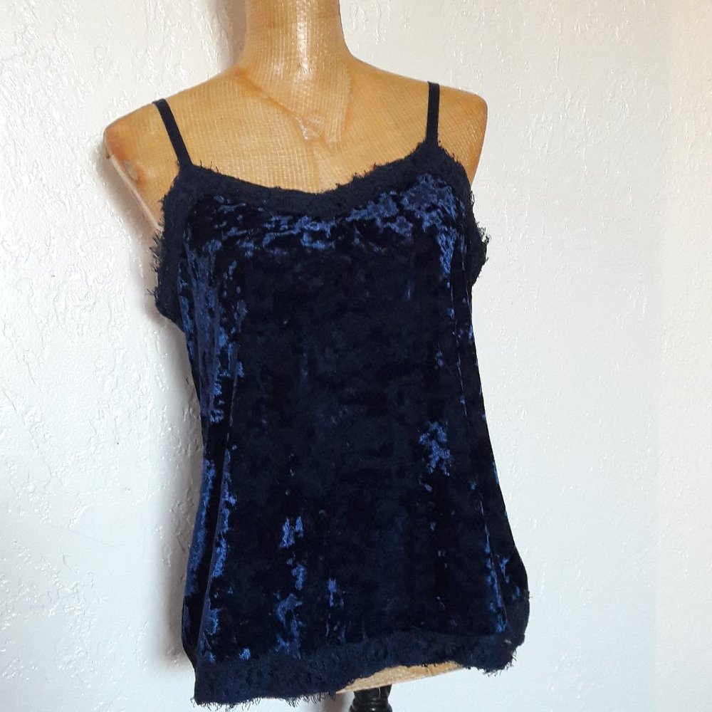 Midnight Royal Blue Crushed Velvet Lacy Tank L No Boundaries NO BO Cami Top